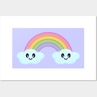 Kawaii Cute Happy Rainbow and Clouds in Purple Posters and Art